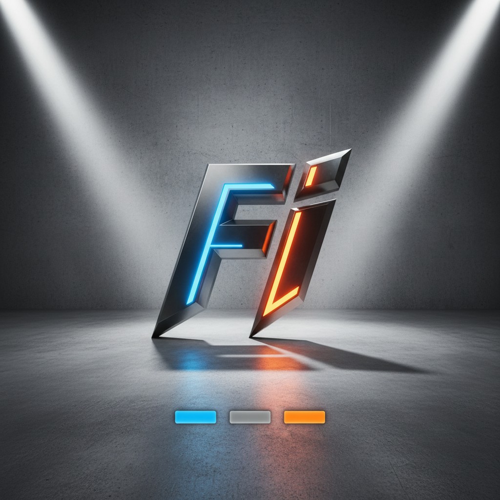 Abstract 3D silver, blue, red, and orange pillars in a dark spotlit room.