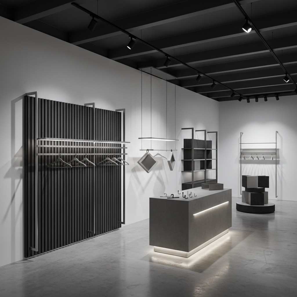 Modern, minimalist gray interior of retail display lighted shelving, showcasing product presentation.