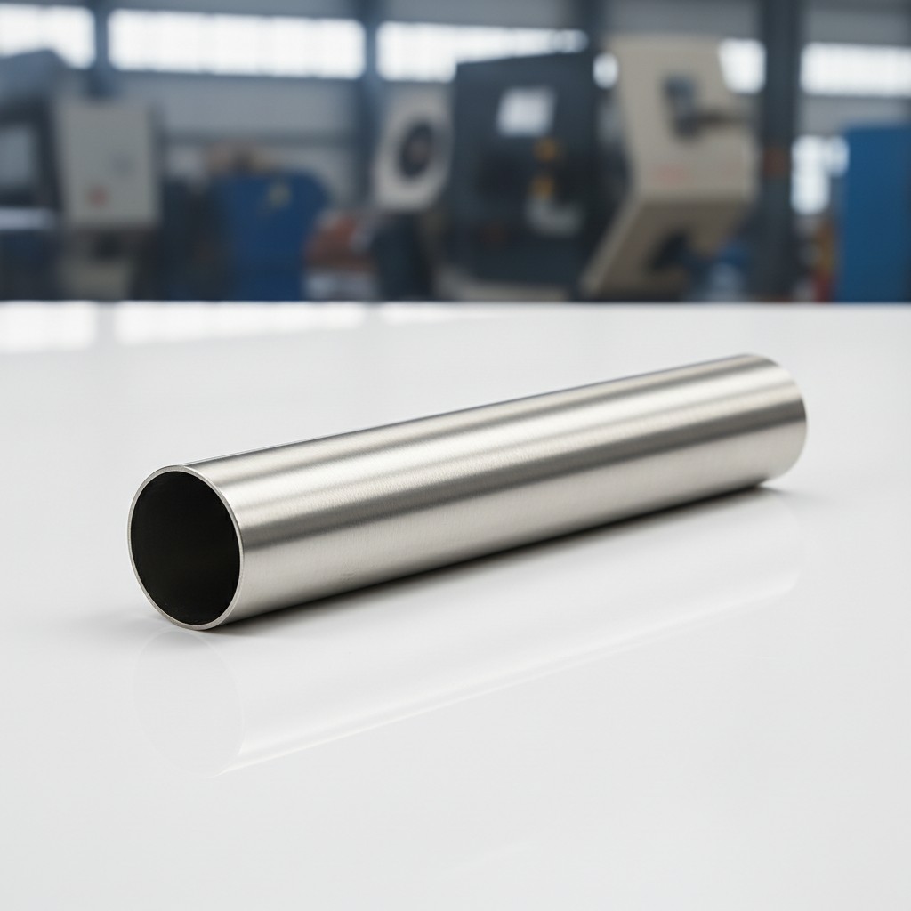 A metal pipe rests on a shiny white surface, in a blurry background of a machinery-filled industrial area.