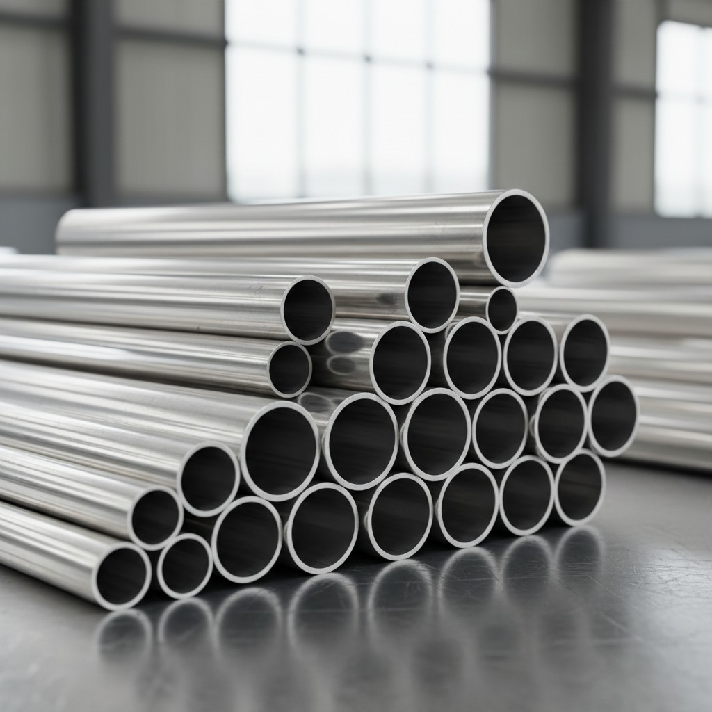 A close-up image of a stack of silver metal tubes, arranged in an indoor setting.