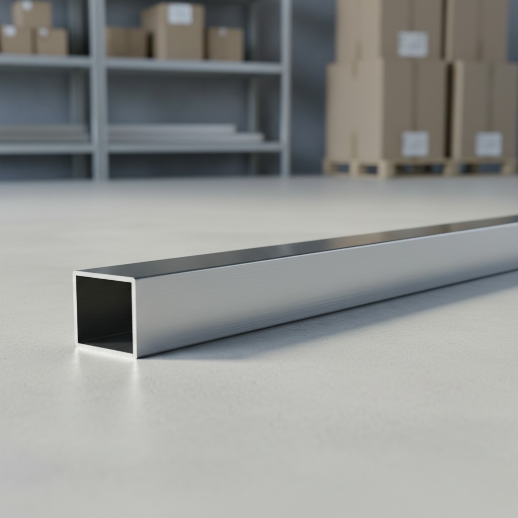 A silver metal square tube is placed at a slight angle on a pale gray surface. In the background, a large storage room exi...
