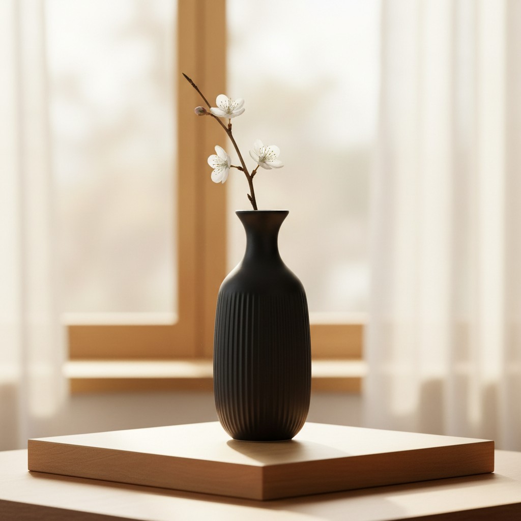 A sleek black vase takes center stage on a wooden square platform against a softly blurred background, featuring vast wind...