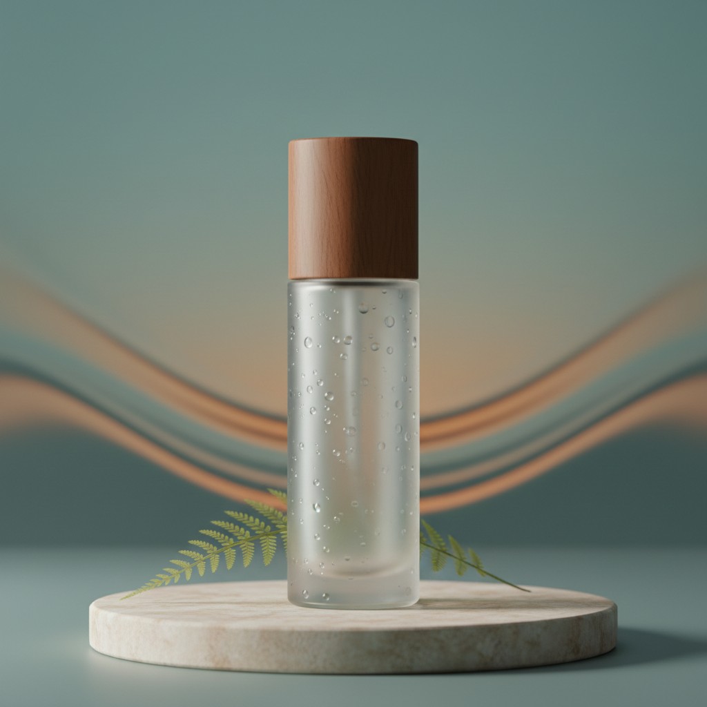 Here is the alt text: "Transparent, water-filled droplet cosmetic bottle with light brown cylindrical cap on white round m...