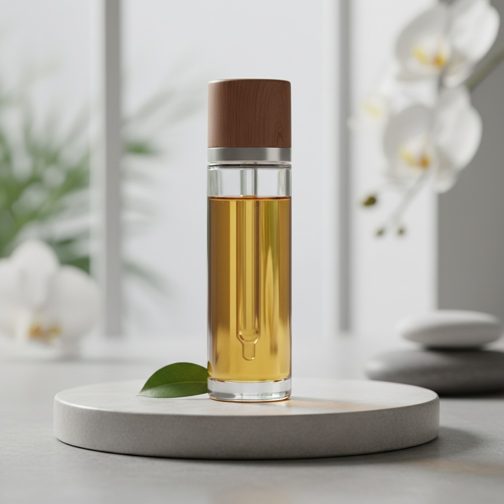 A clear bottle with a brown cap on a beige stand, filled with yellow liquid and a drop in the bottom, with flowers in the ...