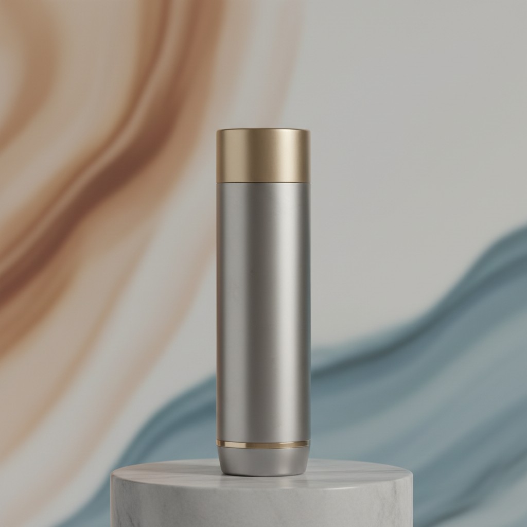 This is a cylindrical water bottle with a silver body and gold lid and accents. The background is blurry and features vary...