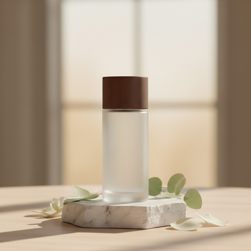 A glass bottle with a wooden cap sits on a white marble stand, surrounded by white flower petals, in a room with beige wal...