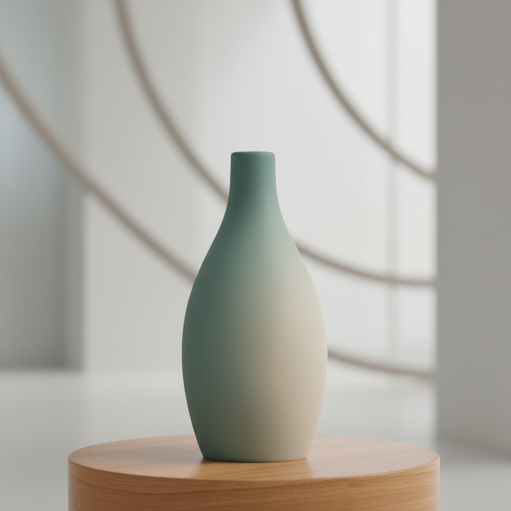 A matte, light teal vase with a narrow neck and rounded base sits atop a round wooden table with waist-high white walls be...
