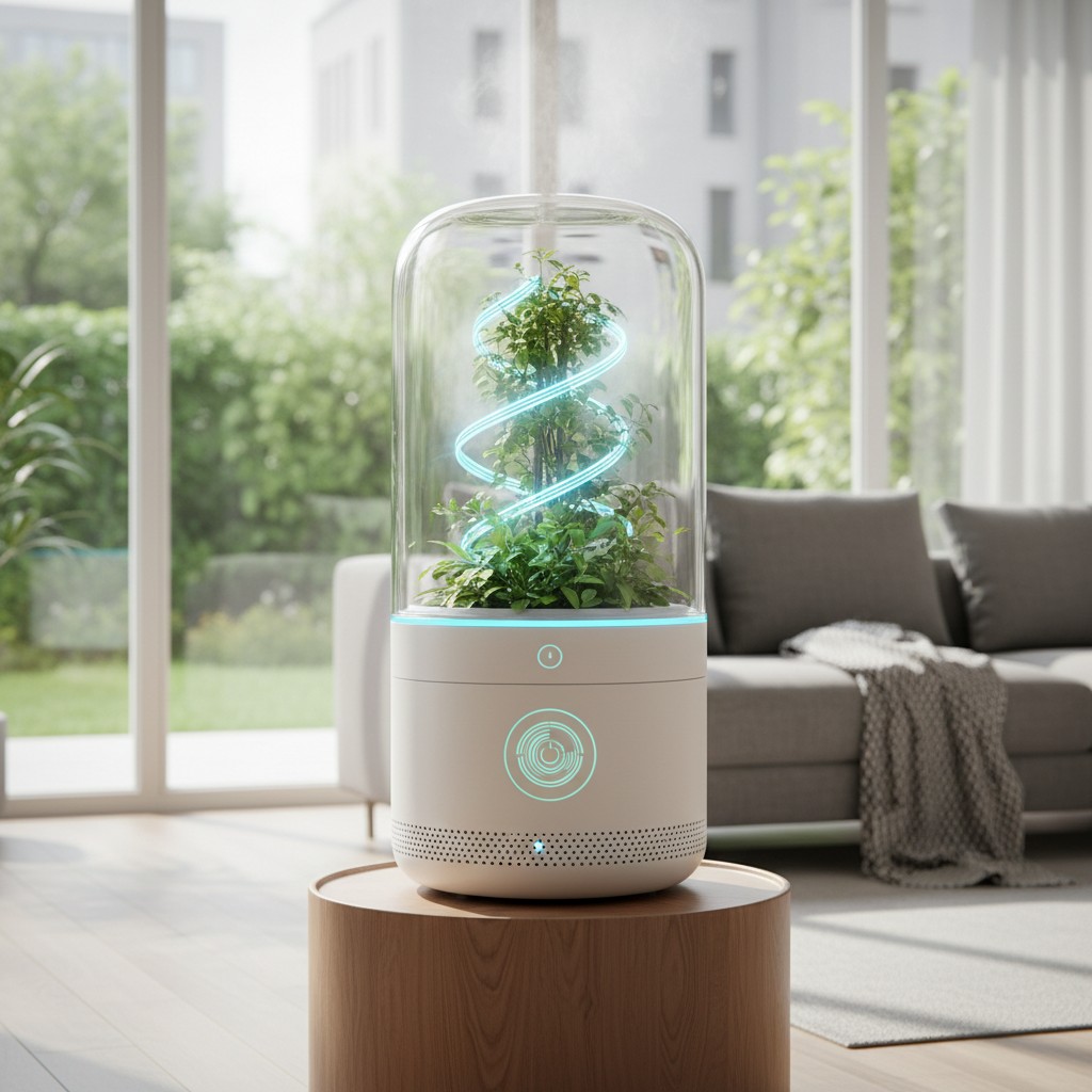 The alt text for the image is: "A smart plant care device with a spiral neon light and a plant inside, on a wooden table i...