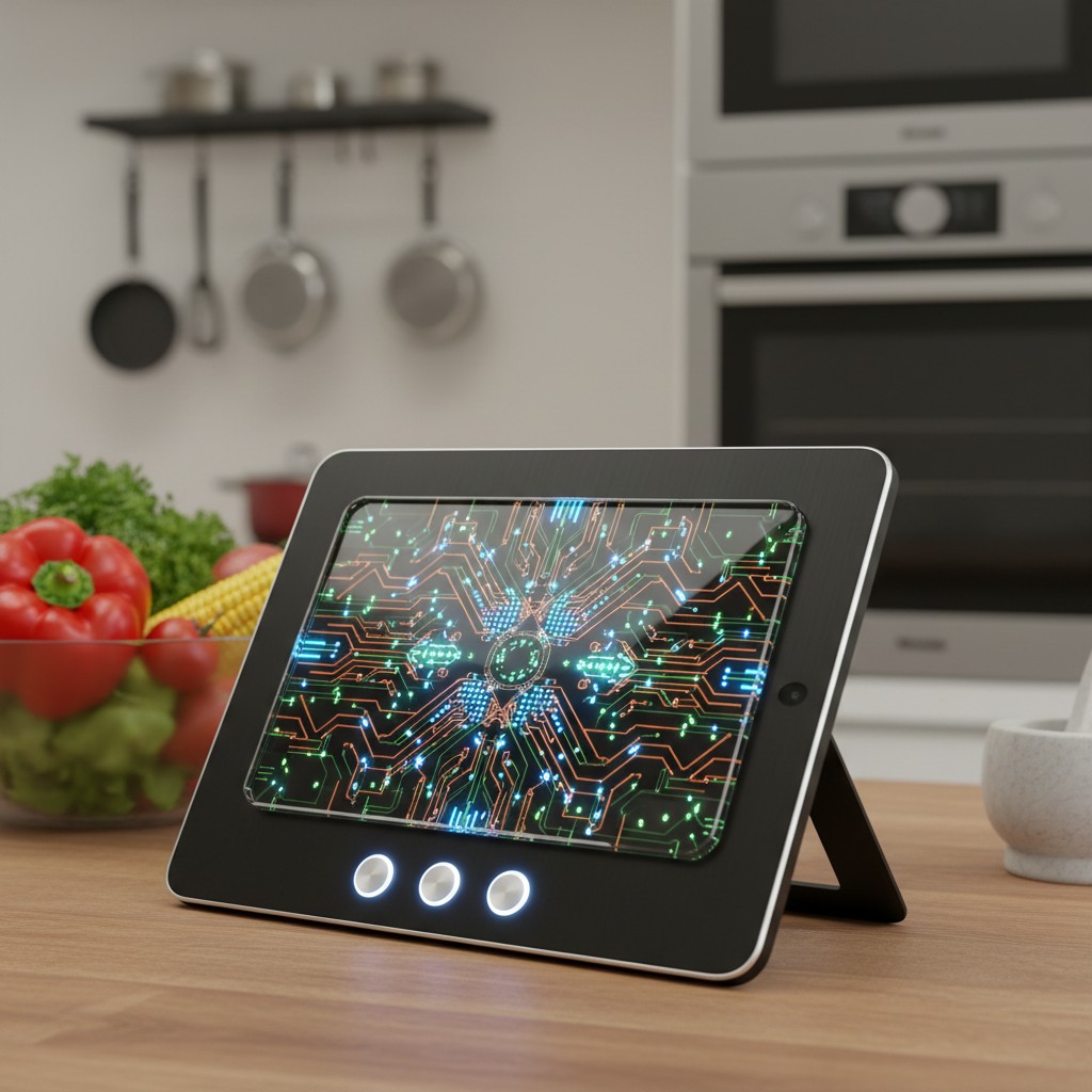 A black tablet on a kitchen counter, with an image showing on the screen that looks like a chipboard. Behind the tablet th...