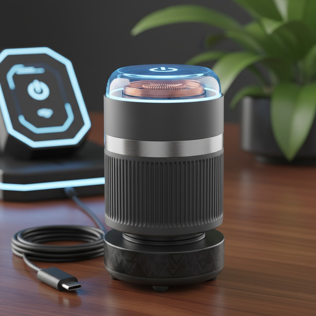 A wireless charging station with a plant in the background.