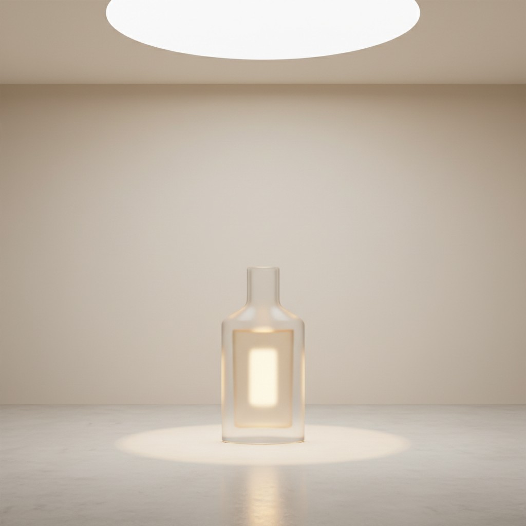 A room with a brightly lit bottle in the center under a circular light is shown. The room is a neutral, minimalist space w...