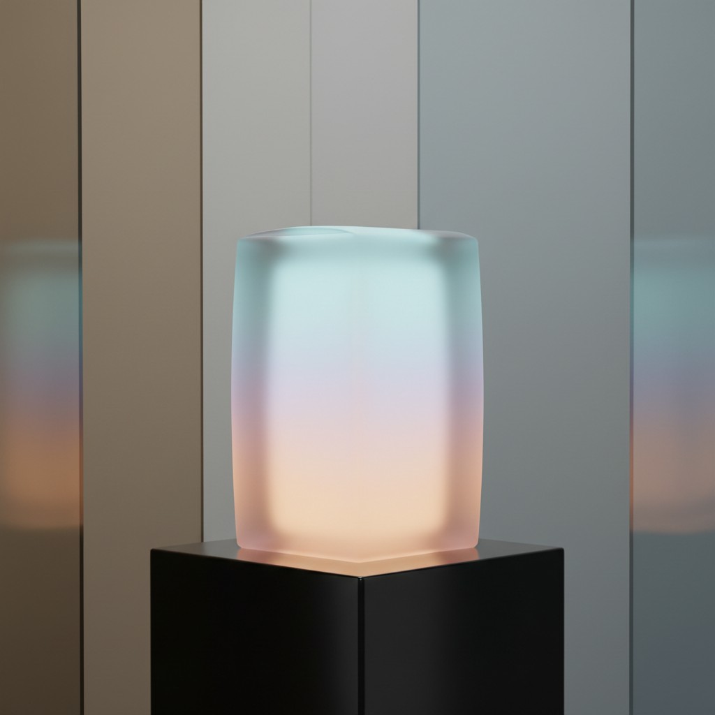 The blurred image shows what looks like an iridescent glass lamp, sitting on a stand against a gray backdrop.