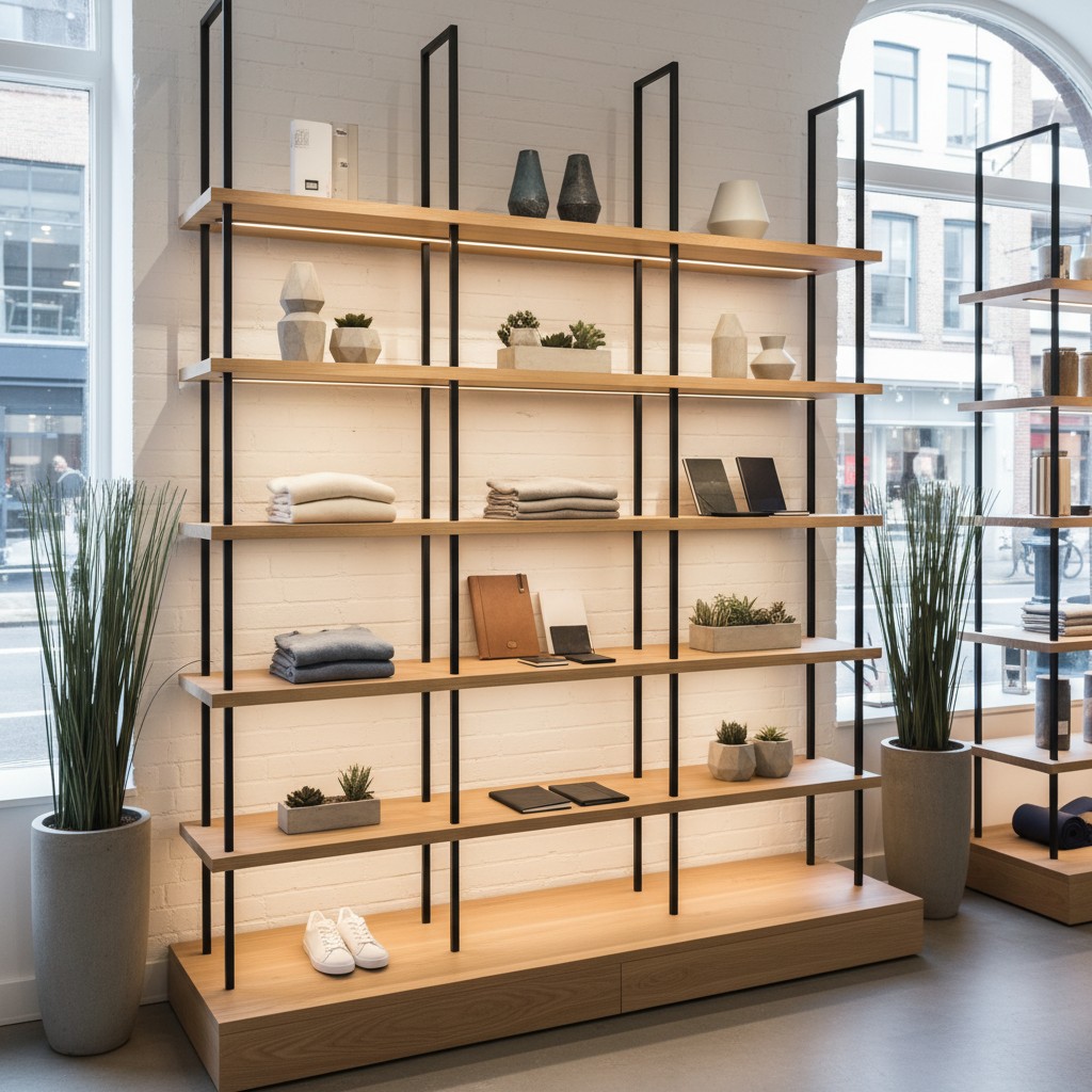 Modular shelving system comprised of black metal rods and wooden shelves in a minimalist retail setting.
