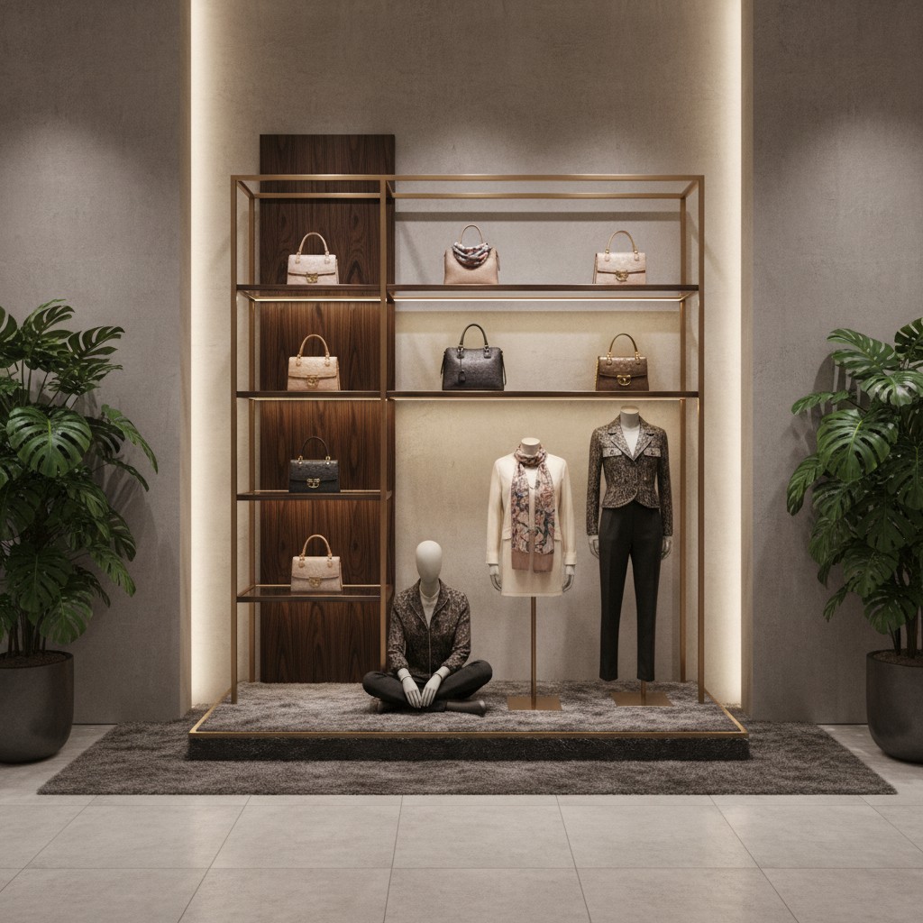 Shopping boutique interior design featuring fashionable handbags, clothing, and accessories. A mannequin sits crossed-legg...