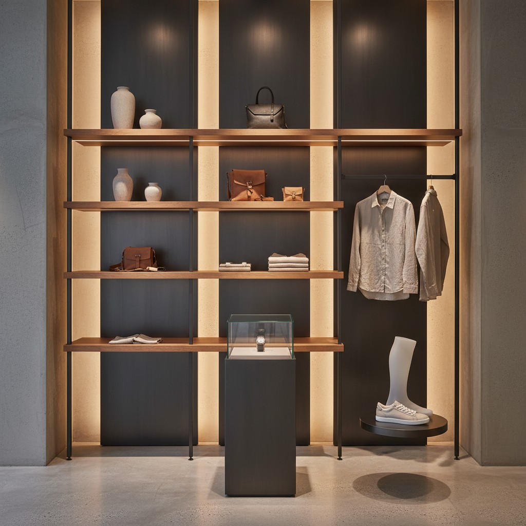 Wall-mounted shelving unit with lighted display cases captioned with: A well-lit shelving unit with glass display cases fe...