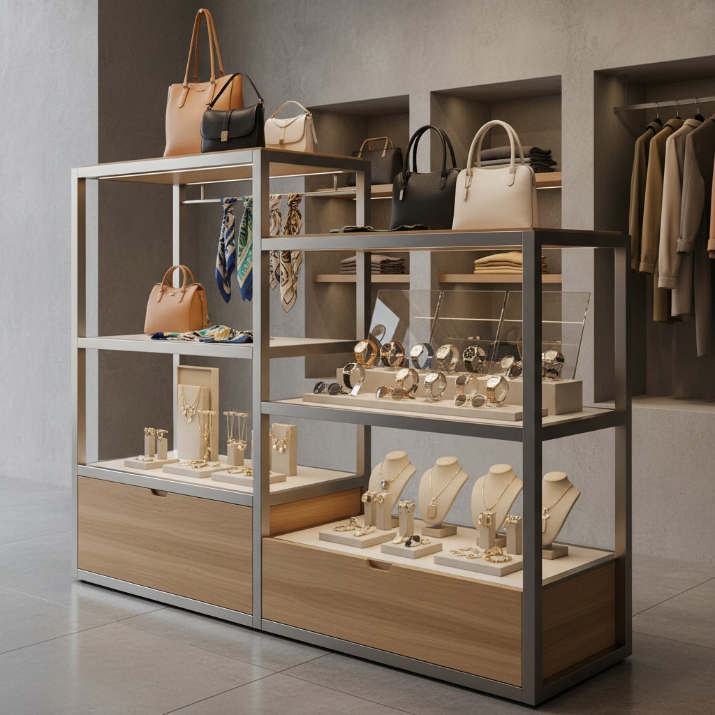 A display of fashionable shoes on matching shelves, showcasing vibrant and stylish footwear designs. The shoes vary in hee...