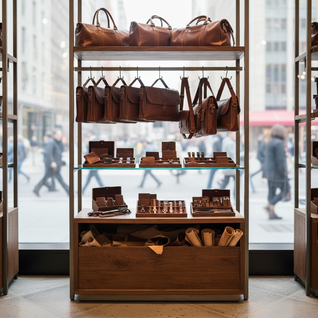 A glass and brown steel shelving unit holds an assortment of leather goods and accessories, set within a store with an urb...