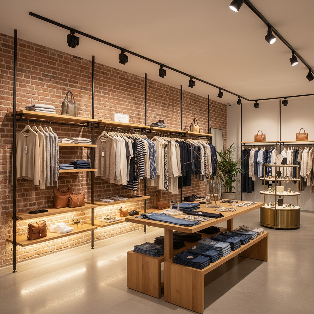Clothing store's interior bricks shelves accessories neutral.