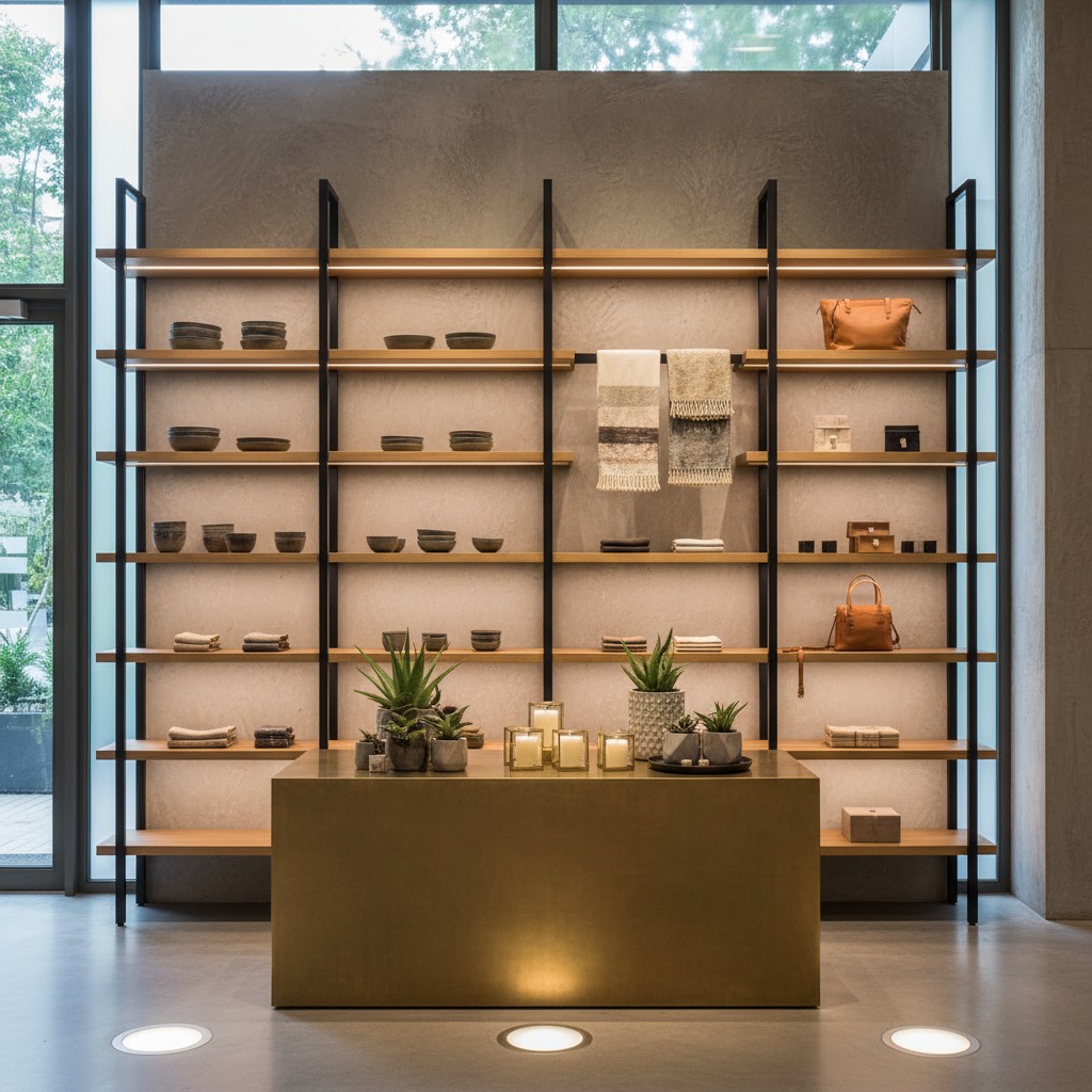 Decorative shelves inside a trendy retail store.