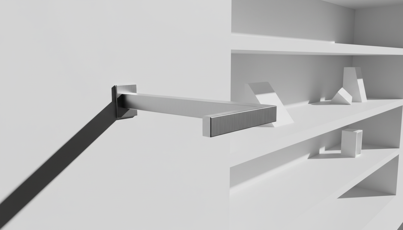 A precision-engineered retail frontal arm in brushed stainless steel, featuring a sleek minimalist design with crisp edges and a subtle matte finish. The fixture is mounted on a seamless white wall, with carefully arranged monochromatic shelving receding into the background. Dramatic, directional lighting from above and the left casts deep, sharp-edged shadows, highlighting the clean lines and reflecting just enough gleam from the metal surface. The composition uses a slightly elevated eye-level perspective, focusing tightly on the arm and allowing for a bold, uncluttered view. The atmosphere is confident and striking, with photographic realism and a modern, minimalist aesthetic that announces functional sophistication.