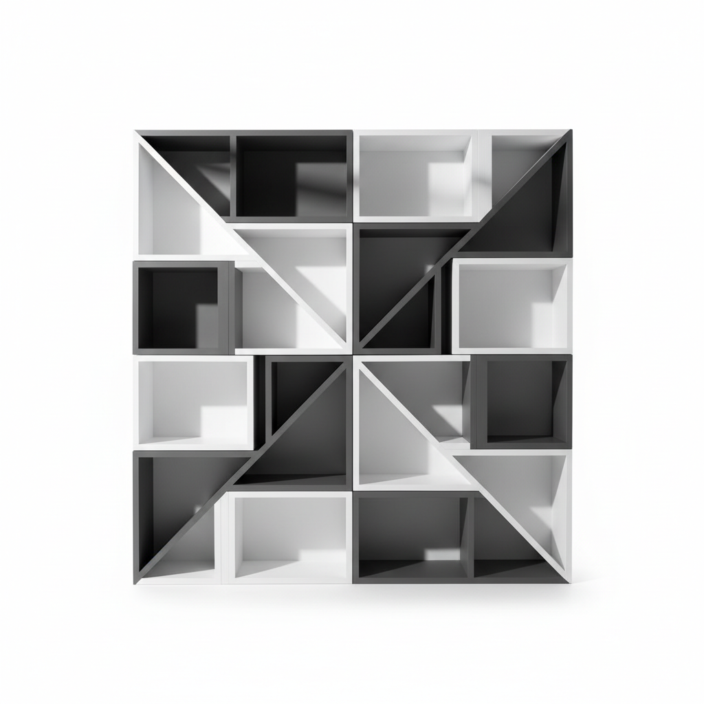 A bespoke store fixture display composed of geometric shelving units in matte white and charcoal grey MDF, with crisp, interlocking forms and seamless joints. The shelving stands alone against a seamless pure white backdrop, drawing all attention to the intricate, modular construction. Hard, raking side lighting throws graphic, repeating shadows across the surfaces, amplifying the strong, architectural lines and negative spaces. The composition favors a symmetrical, head-on viewpoint, ensuring clarity and intensity. The atmosphere is dramatic, high-end, and unmistakably bold, showcasing precision craftsmanship within a clean, photographic, and minimalist visual language.