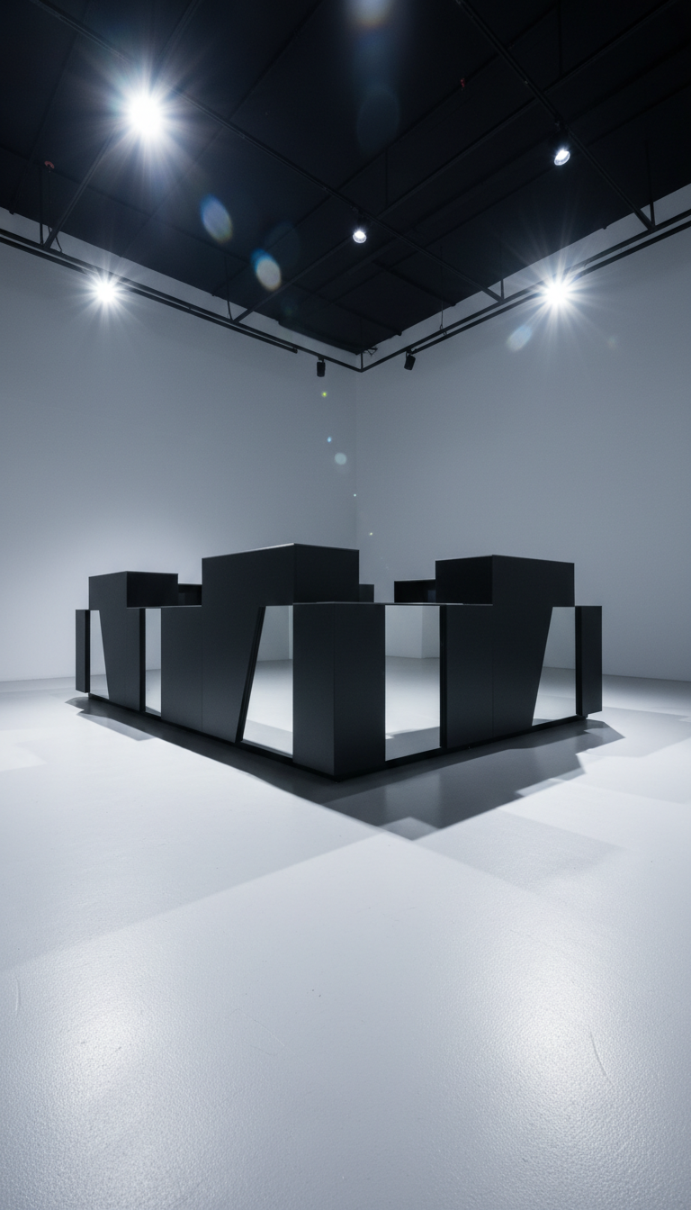 A set of contemporary modular counters in matte black laminate with high-gloss accent panels, tightly grouped at the center of a spacious showroom. Their sharp geometric forms contrast against an immaculate pale concrete floor, with no other furnishings in view. High-intensity directional studio lighting beams down from multiple sources, creating crisp, graphic shadows beneath and around each counter. Framed from a low, angular perspective, the counters dominate the image, exuding a sense of authority and innovation. The mood is unapologetically bold and modern, with a clean photographic look and a minimalist, visually arresting composition perfect for a portfolio feature.